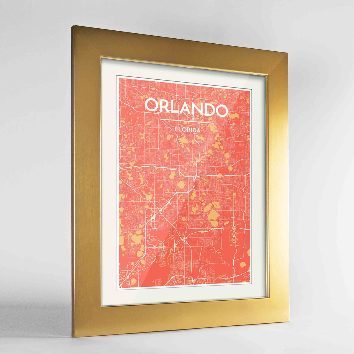 Framed Orlando Map Art Print 24x36&quot; Gold frame Point Two Design Group