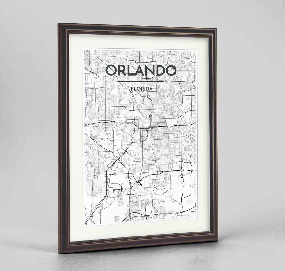 Framed Orlando Map Art Print 24x36&quot; Traditional Walnut frame Point Two Design Group