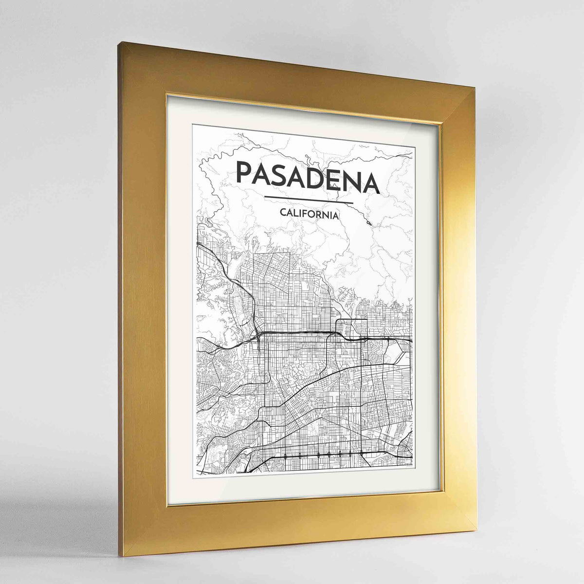 Framed Pasadena Map Art Print 24x36&quot; Gold frame Point Two Design Group