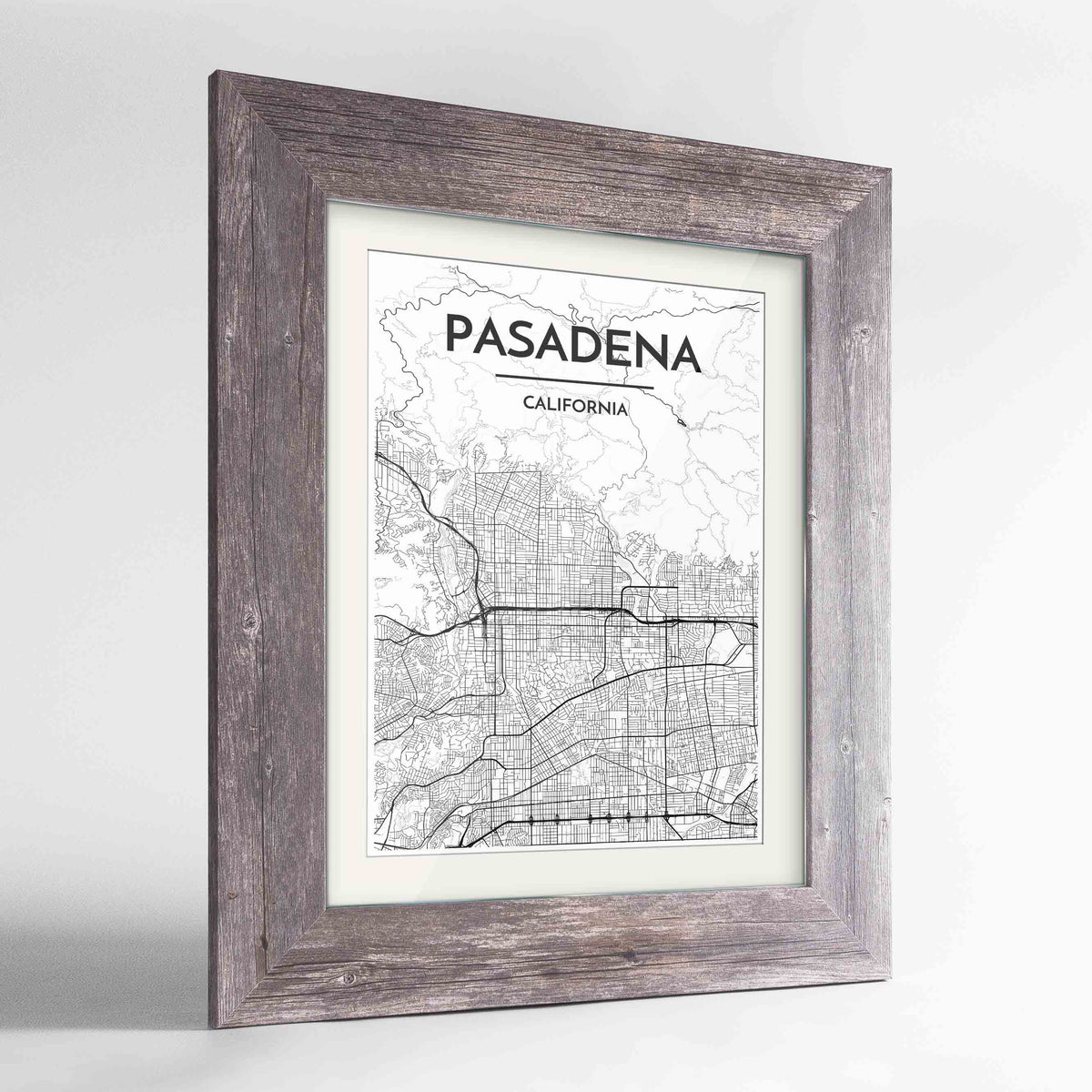 Framed Pasadena Map Art Print 24x36&quot; Western Grey frame Point Two Design Group