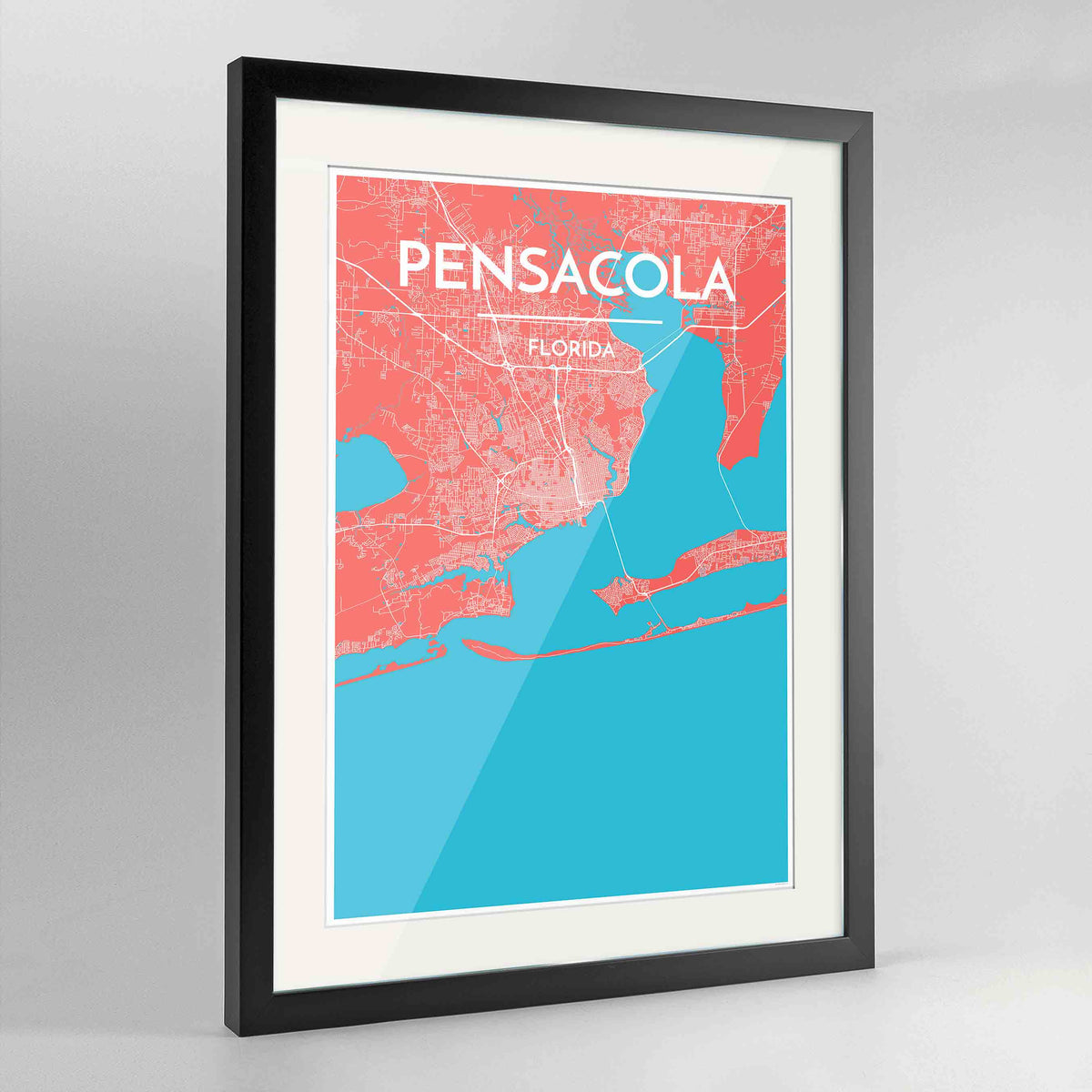 Framed Pensacola Map Art Print 24x36&quot; Contemporary Black frame Point Two Design Group