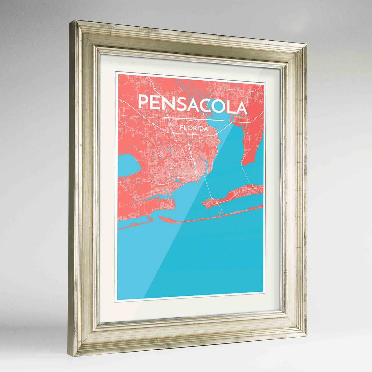 Framed Pensacola Map Art Print 24x36&quot; Champagne frame Point Two Design Group