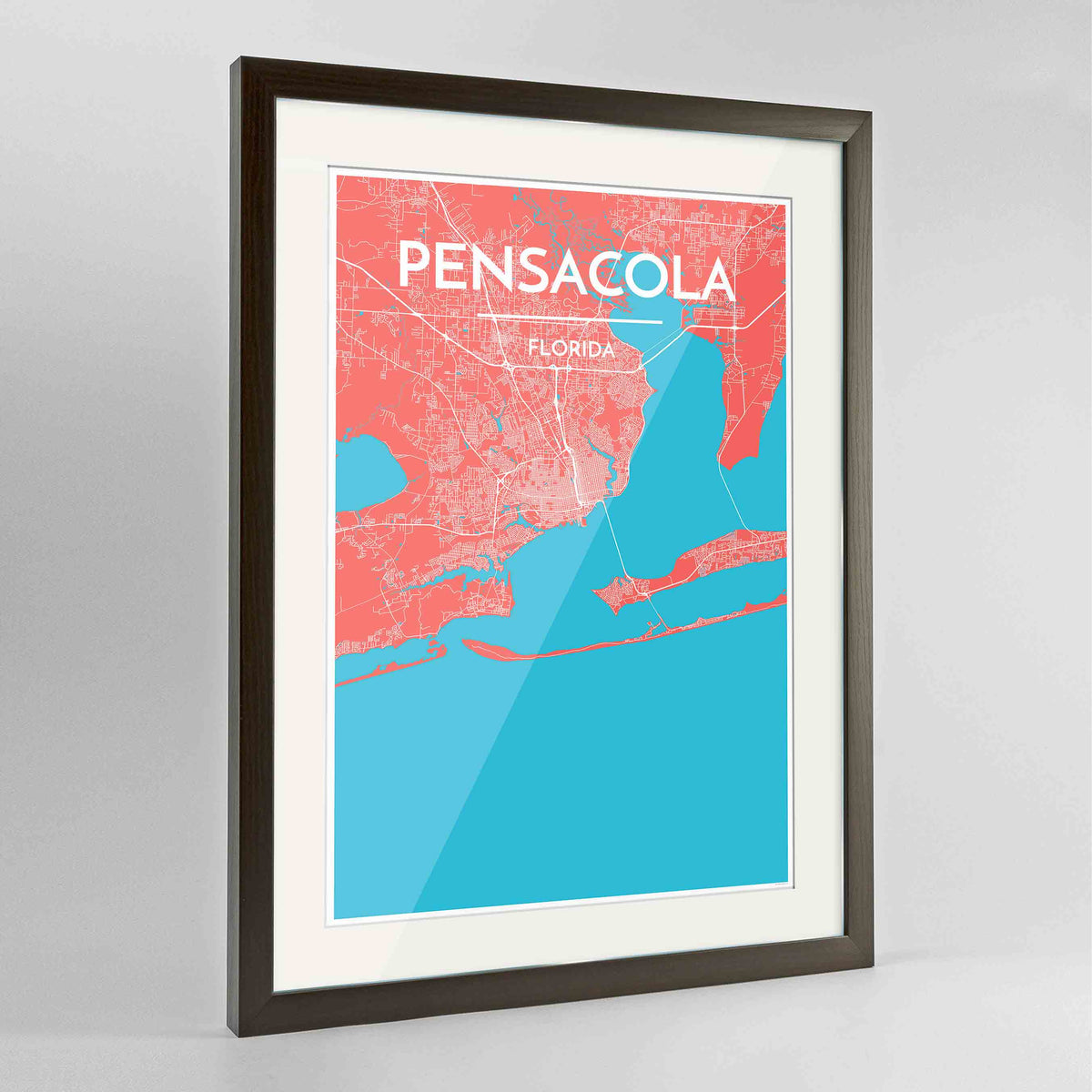 Framed Pensacola Map Art Print 24x36&quot; Contemporary Walnut frame Point Two Design Group
