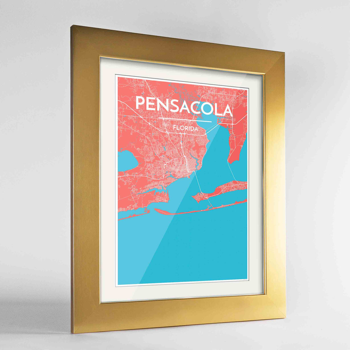 Framed Pensacola Map Art Print 24x36&quot; Gold frame Point Two Design Group