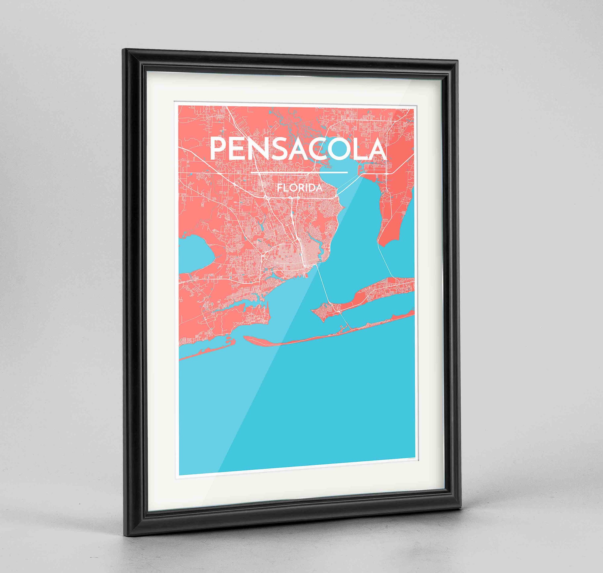 Framed Pensacola Map Art Print 24x36" Traditional Black frame Point Two Design Group