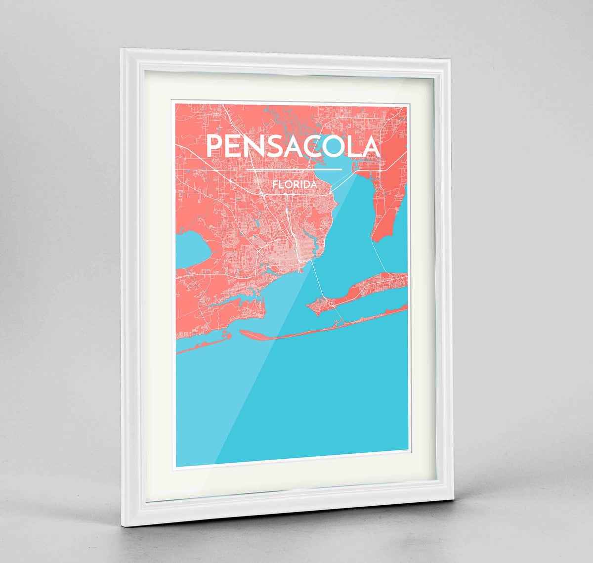 Framed Pensacola Map Art Print 24x36&quot; Traditional White frame Point Two Design Group