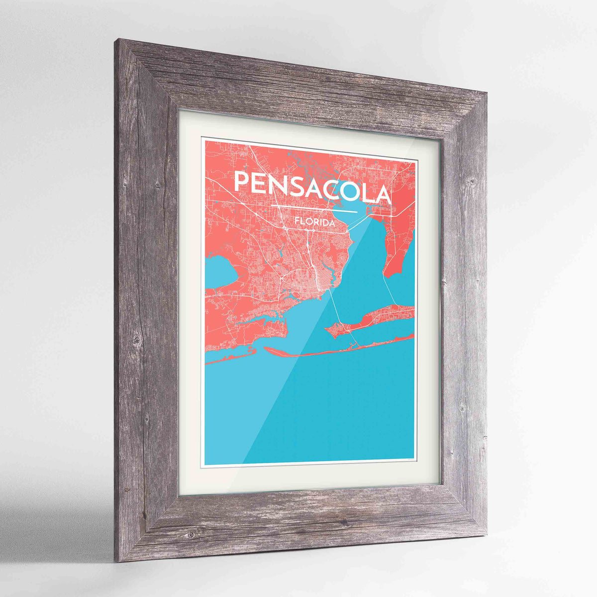 Framed Pensacola Map Art Print 24x36&quot; Western Grey frame Point Two Design Group