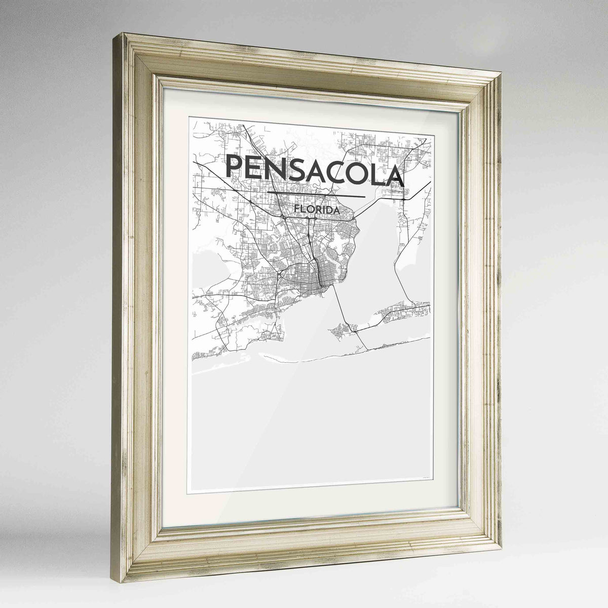 Framed Pensacola Map Art Print 24x36&quot; Champagne frame Point Two Design Group