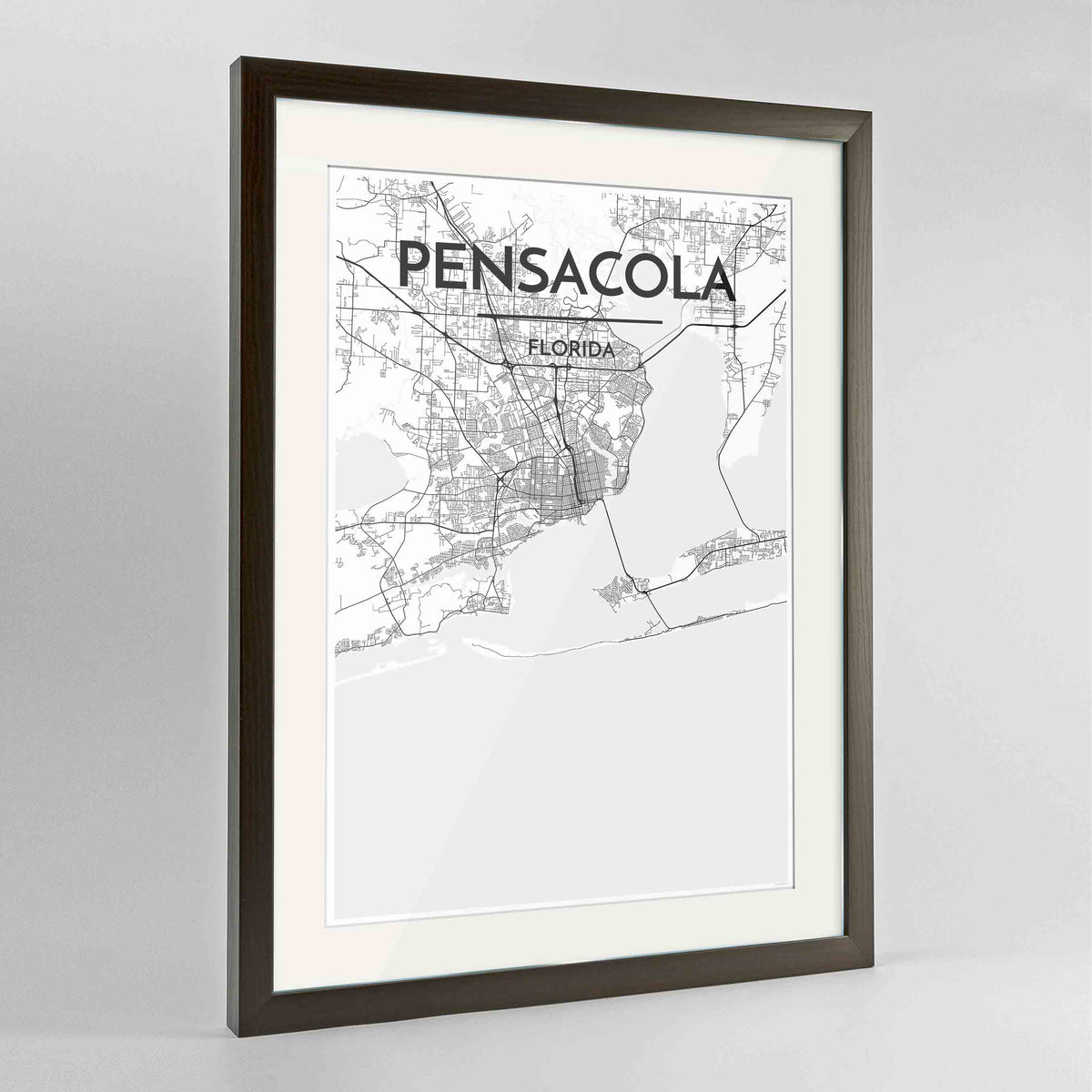 Framed Pensacola Map Art Print 24x36&quot; Contemporary Walnut frame Point Two Design Group