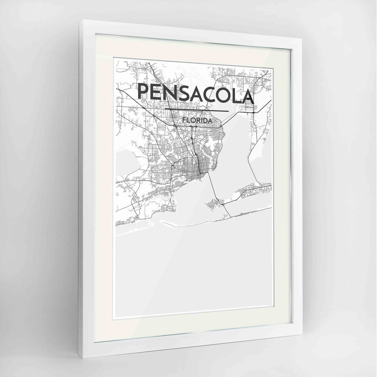 Framed Pensacola Map Art Print 24x36&quot; Contemporary White frame Point Two Design Group