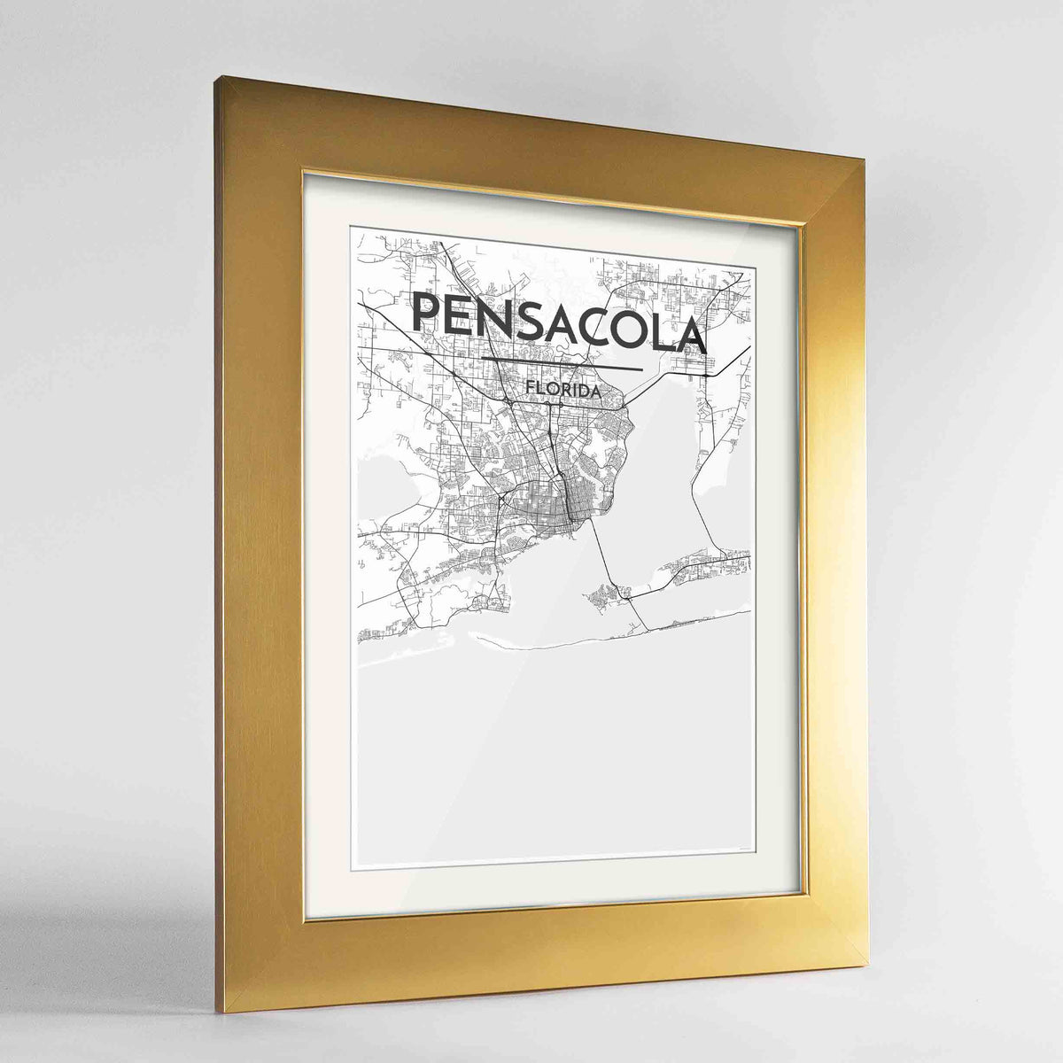Framed Pensacola Map Art Print 24x36&quot; Gold frame Point Two Design Group