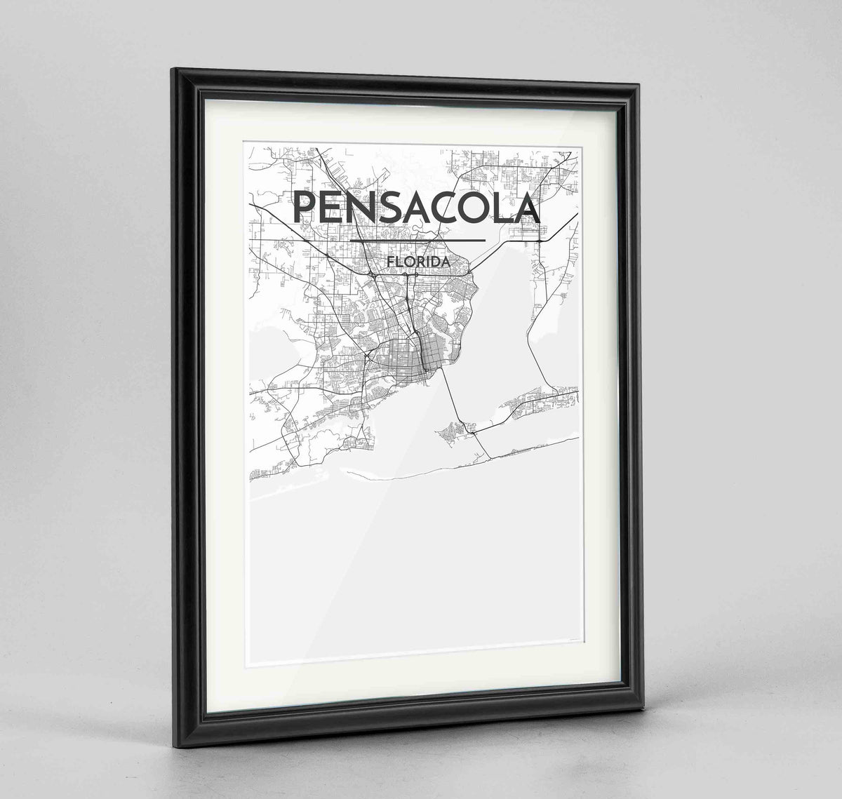 Framed Pensacola Map Art Print 24x36&quot; Traditional Black frame Point Two Design Group