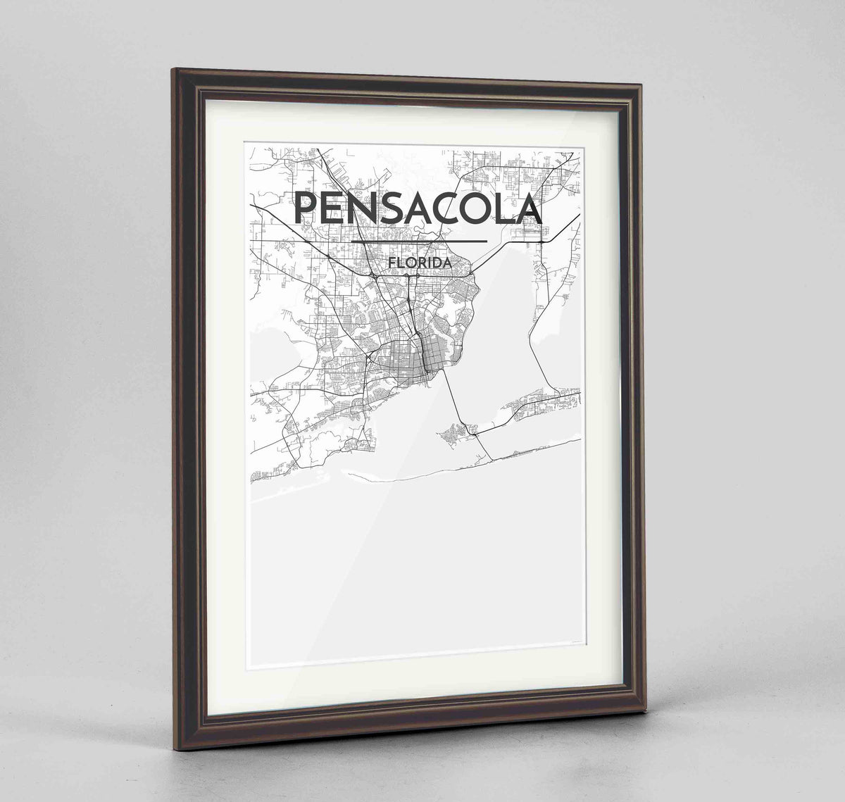 Framed Pensacola Map Art Print 24x36&quot; Traditional Walnut frame Point Two Design Group