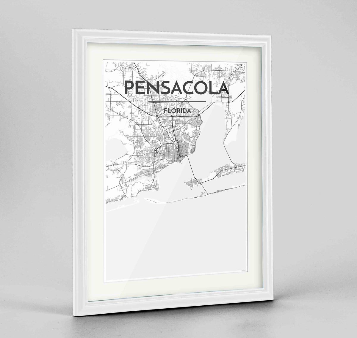 Framed Pensacola Map Art Print 24x36&quot; Traditional White frame Point Two Design Group