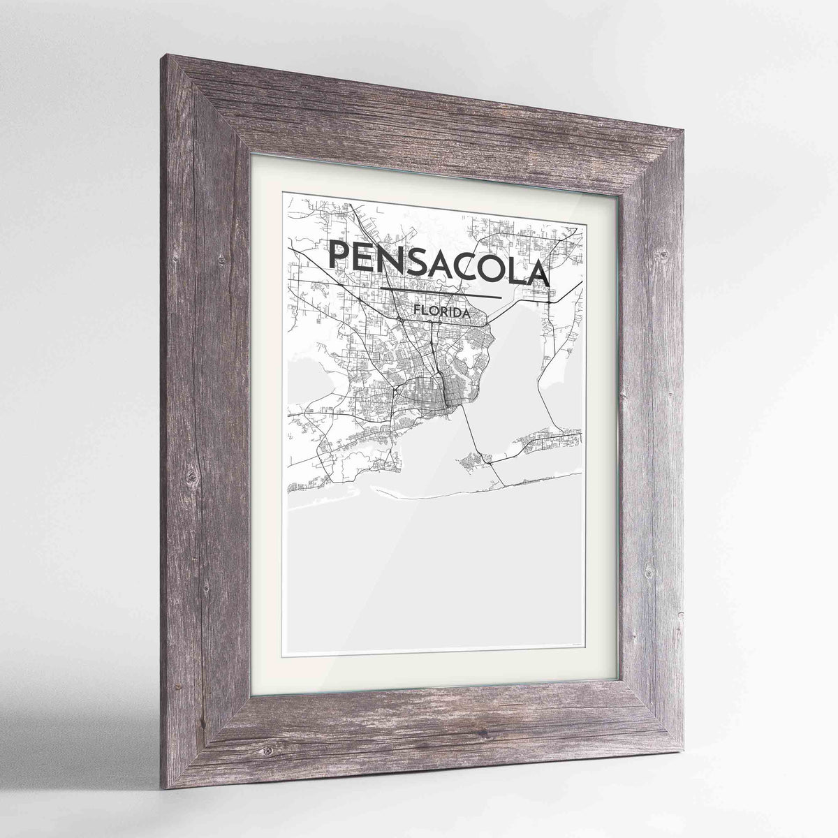 Framed Pensacola Map Art Print 24x36&quot; Western Grey frame Point Two Design Group