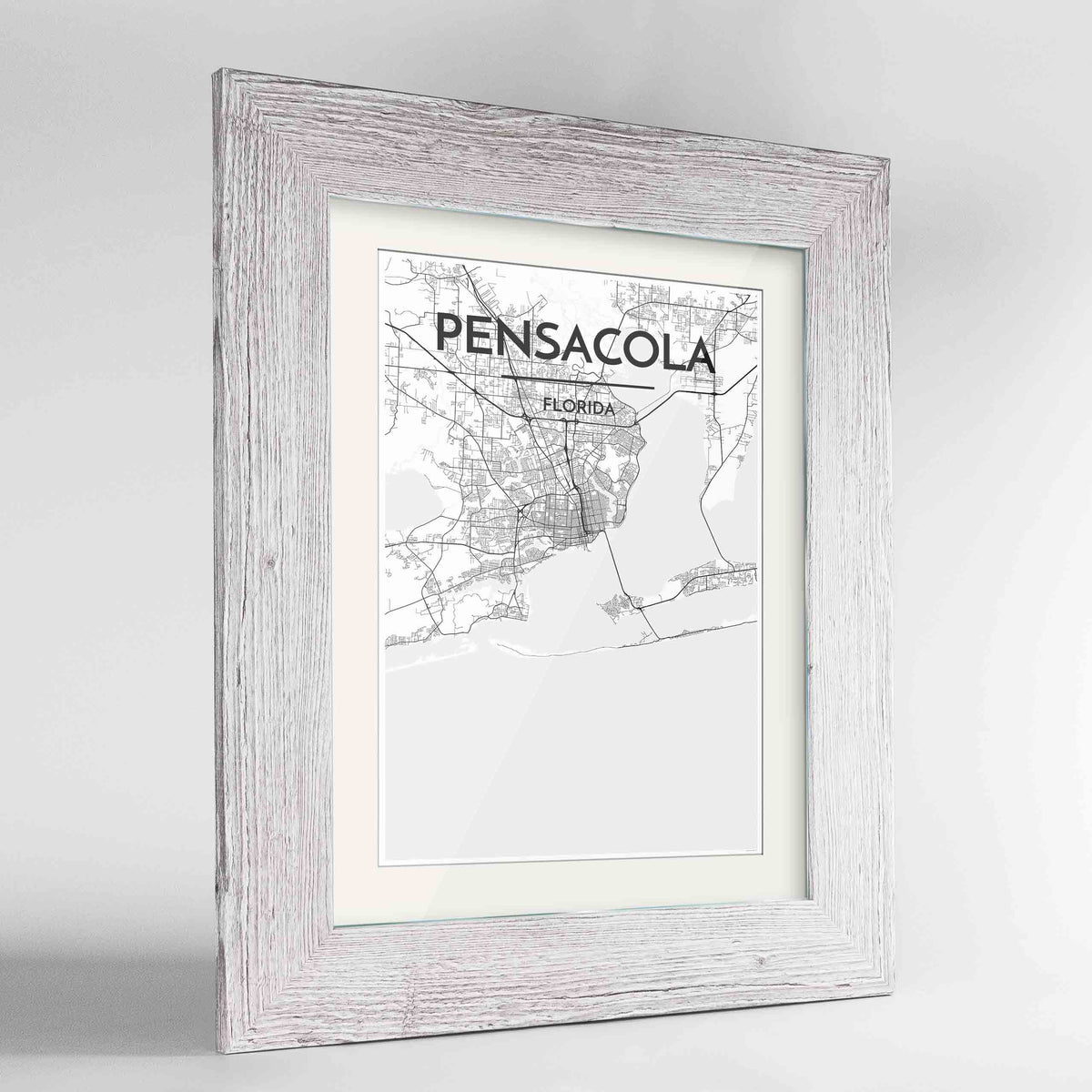 Framed Pensacola Map Art Print 24x36&quot; Western White frame Point Two Design Group