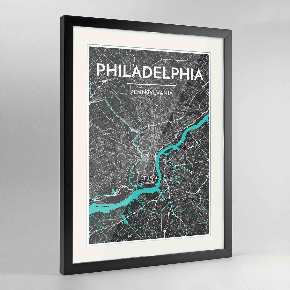 Framed Philadelphia Map Art Print 24x36&quot; Contemporary Black frame Point Two Design Group