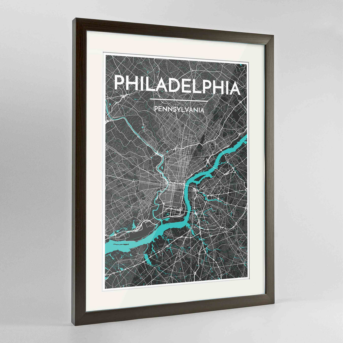 Framed Philadelphia Map Art Print 24x36&quot; Contemporary Walnut frame Point Two Design Group
