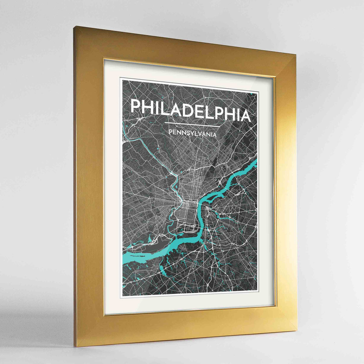 Framed Philadelphia Map Art Print 24x36&quot; Gold frame Point Two Design Group
