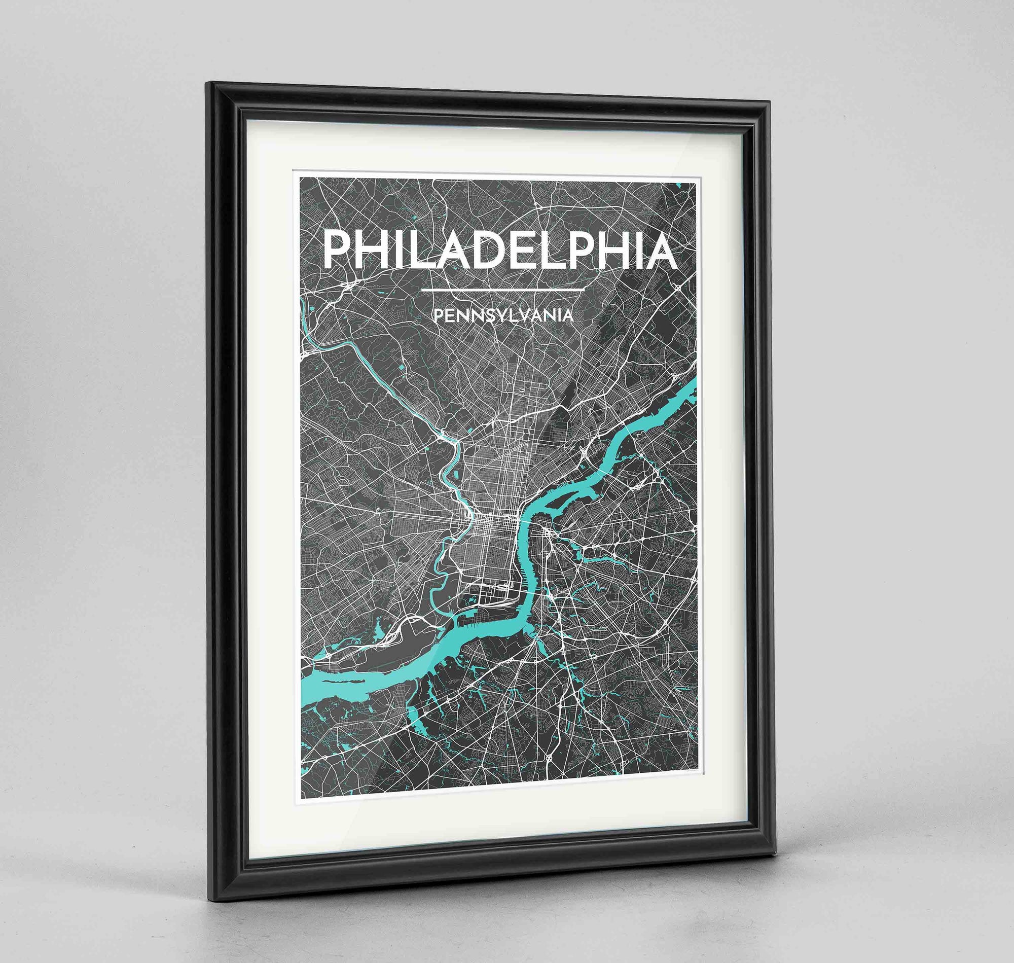 Framed Philadelphia Map Art Print 24x36" Traditional Black frame Point Two Design Group