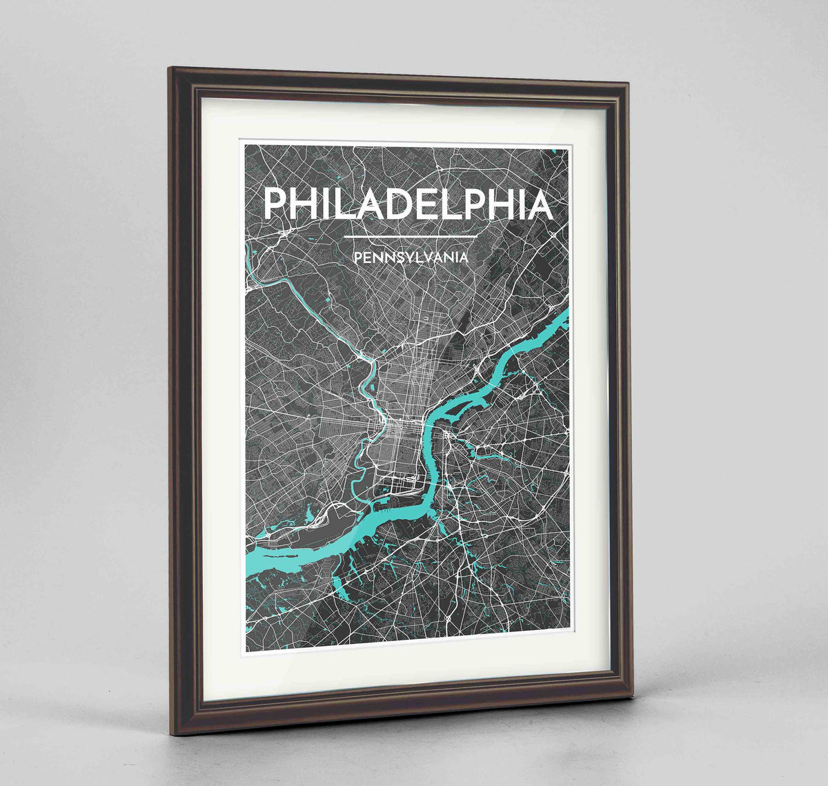 Framed Philadelphia Map Art Print 24x36&quot; Traditional Walnut frame Point Two Design Group