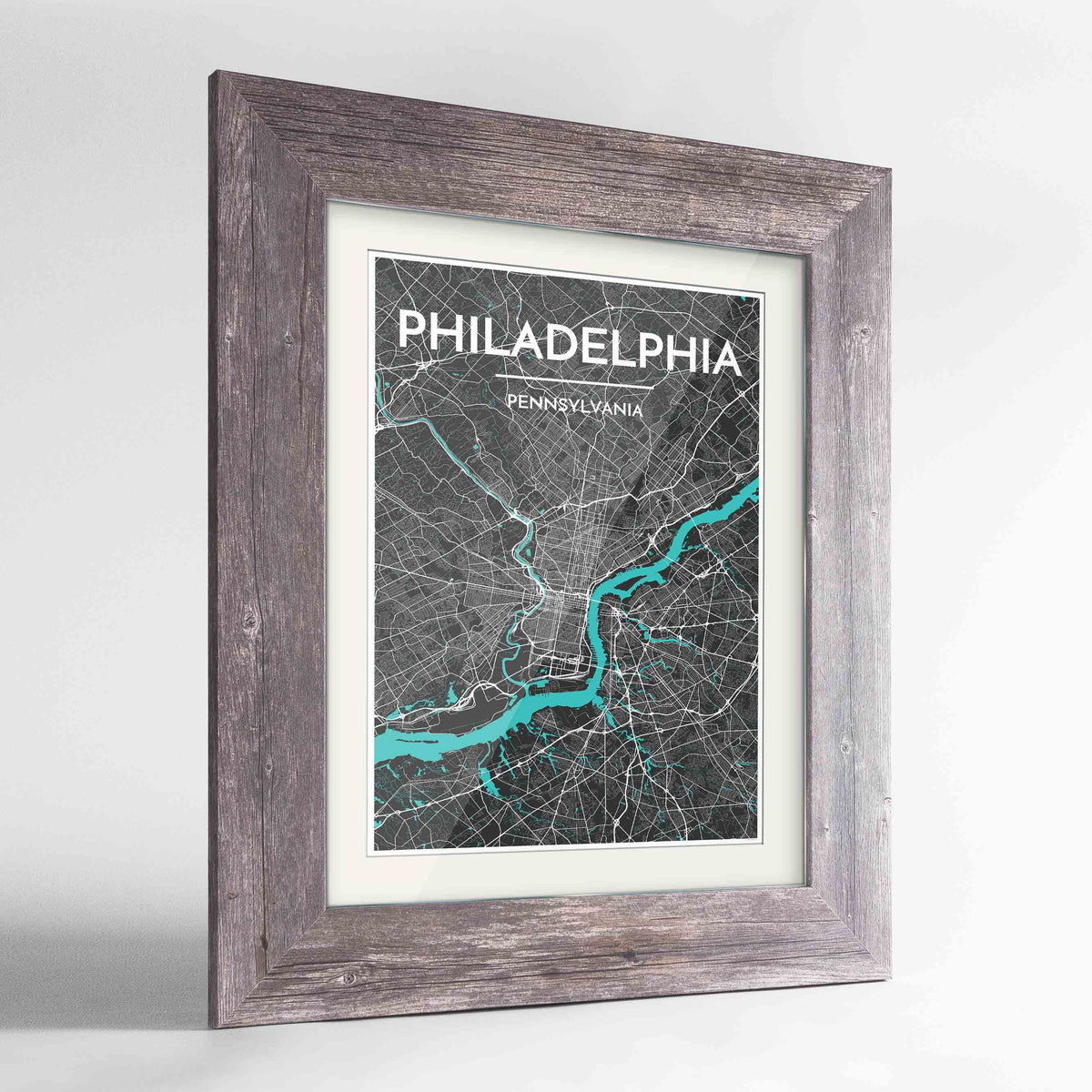 Framed Philadelphia Map Art Print 24x36&quot; Western Grey frame Point Two Design Group