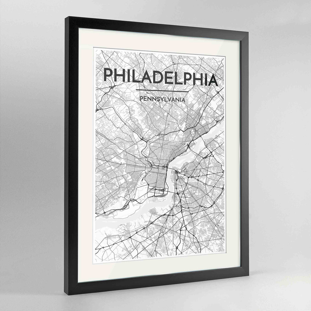 Framed Philadelphia Map Art Print 24x36&quot; Contemporary Black frame Point Two Design Group