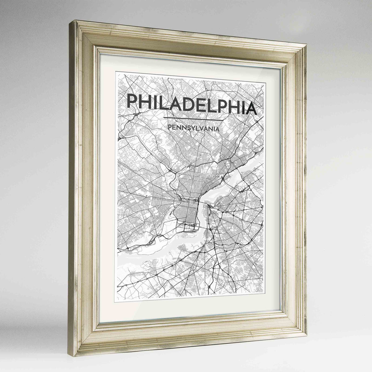Framed Philadelphia Map Art Print 24x36&quot; Champagne frame Point Two Design Group
