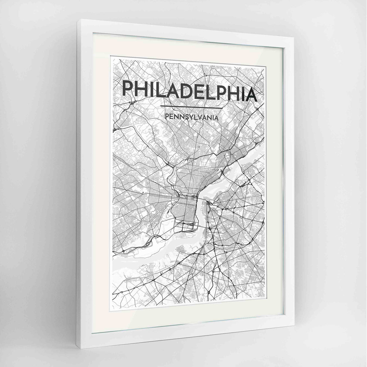 Framed Philadelphia Map Art Print 24x36&quot; Contemporary White frame Point Two Design Group