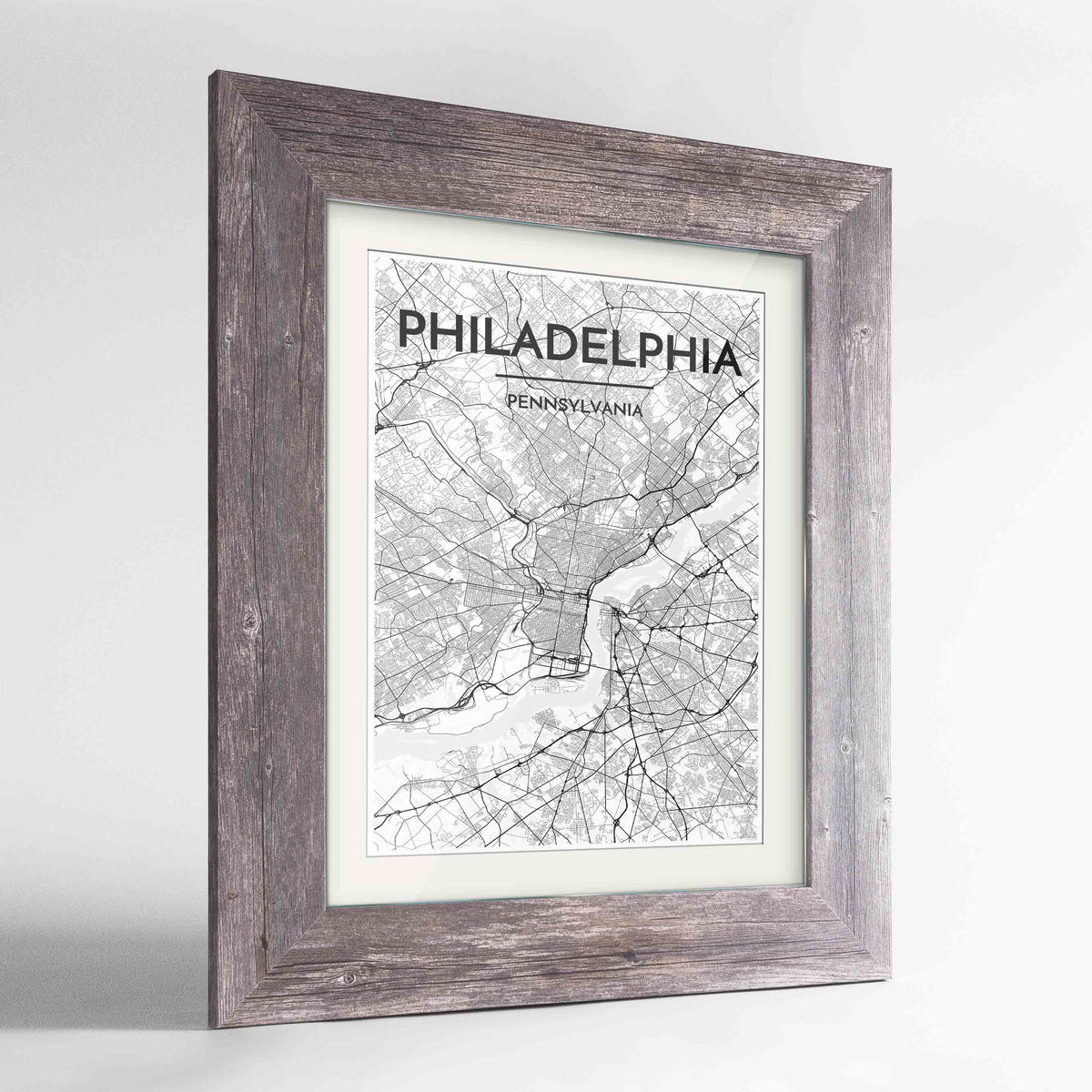 Framed Philadelphia Map Art Print 24x36&quot; Western Grey frame Point Two Design Group