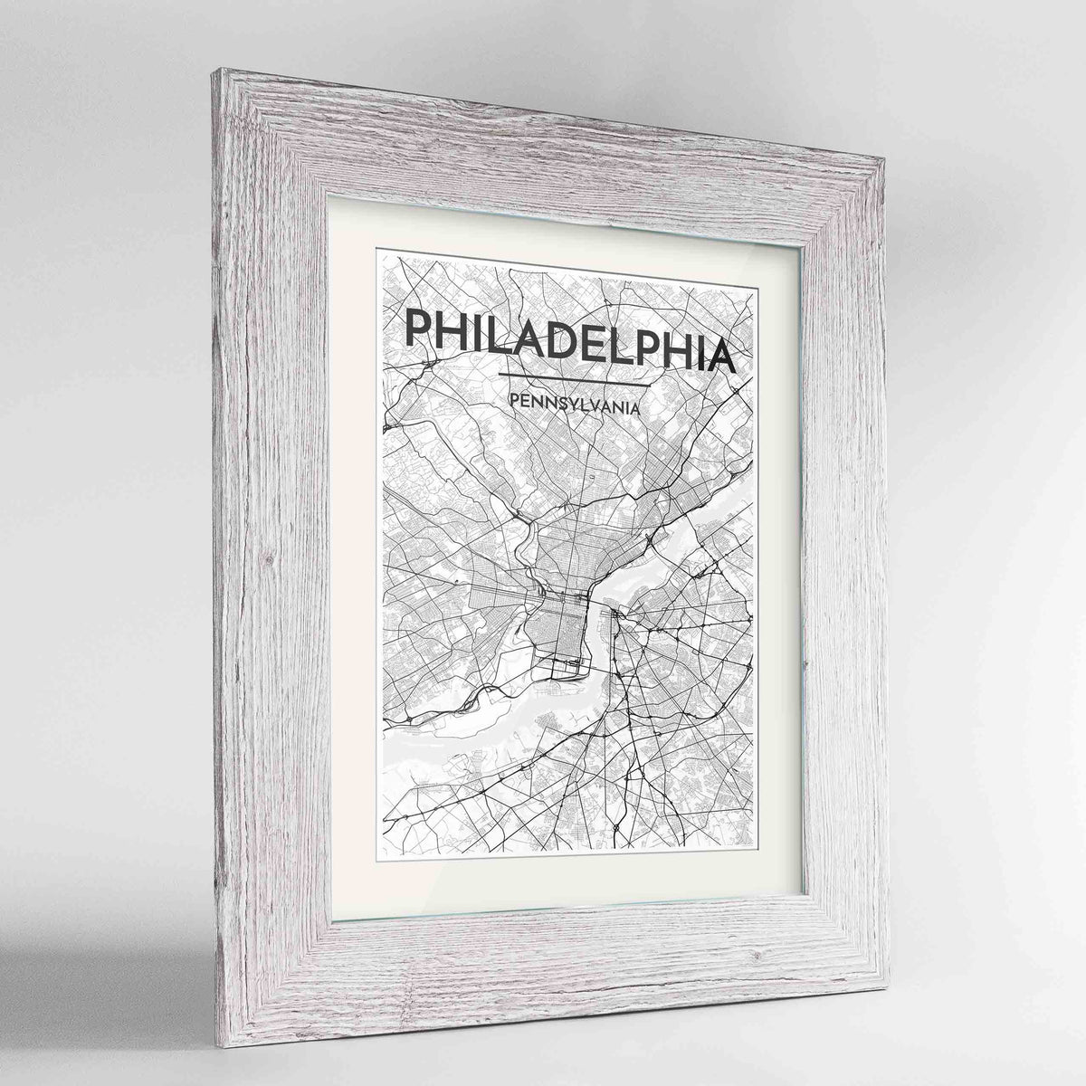 Framed Philadelphia Map Art Print 24x36&quot; Western White frame Point Two Design Group