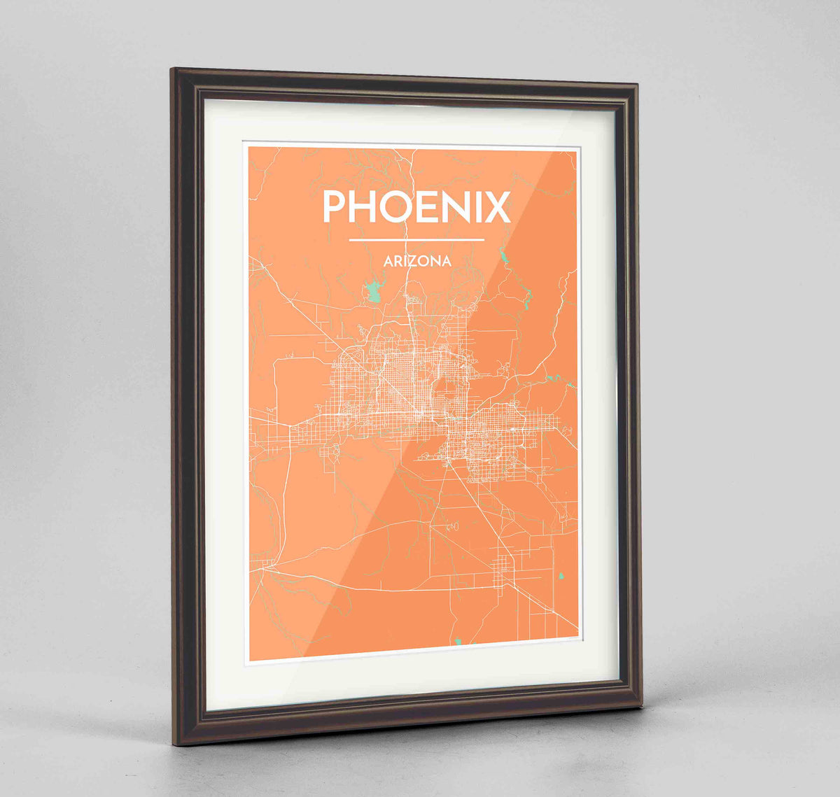 Framed Phoenix Map Art Print 24x36&quot; Traditional Walnut frame Point Two Design Group