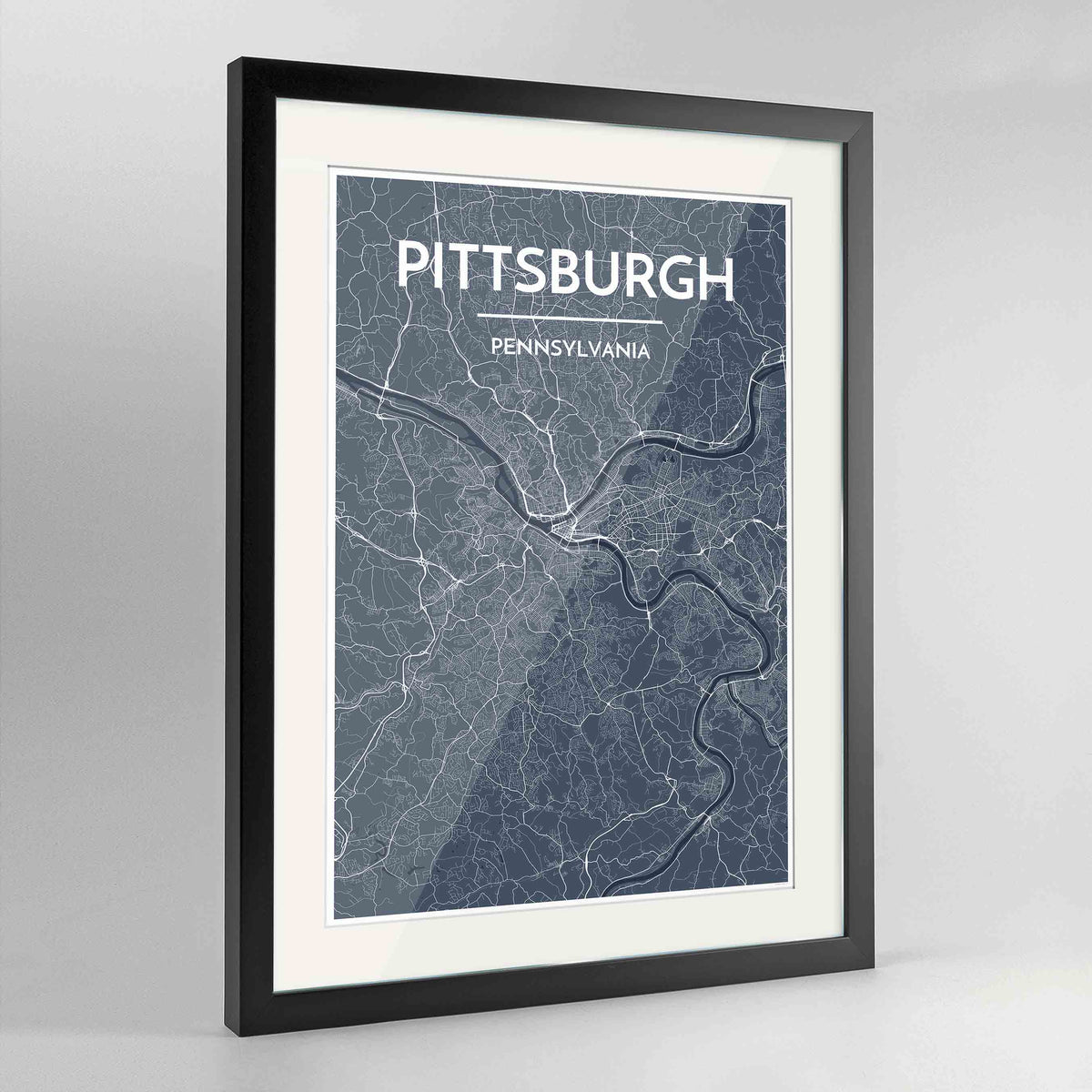 Framed Pittsburgh Map Art Print 24x36&quot; Contemporary Black frame Point Two Design Group