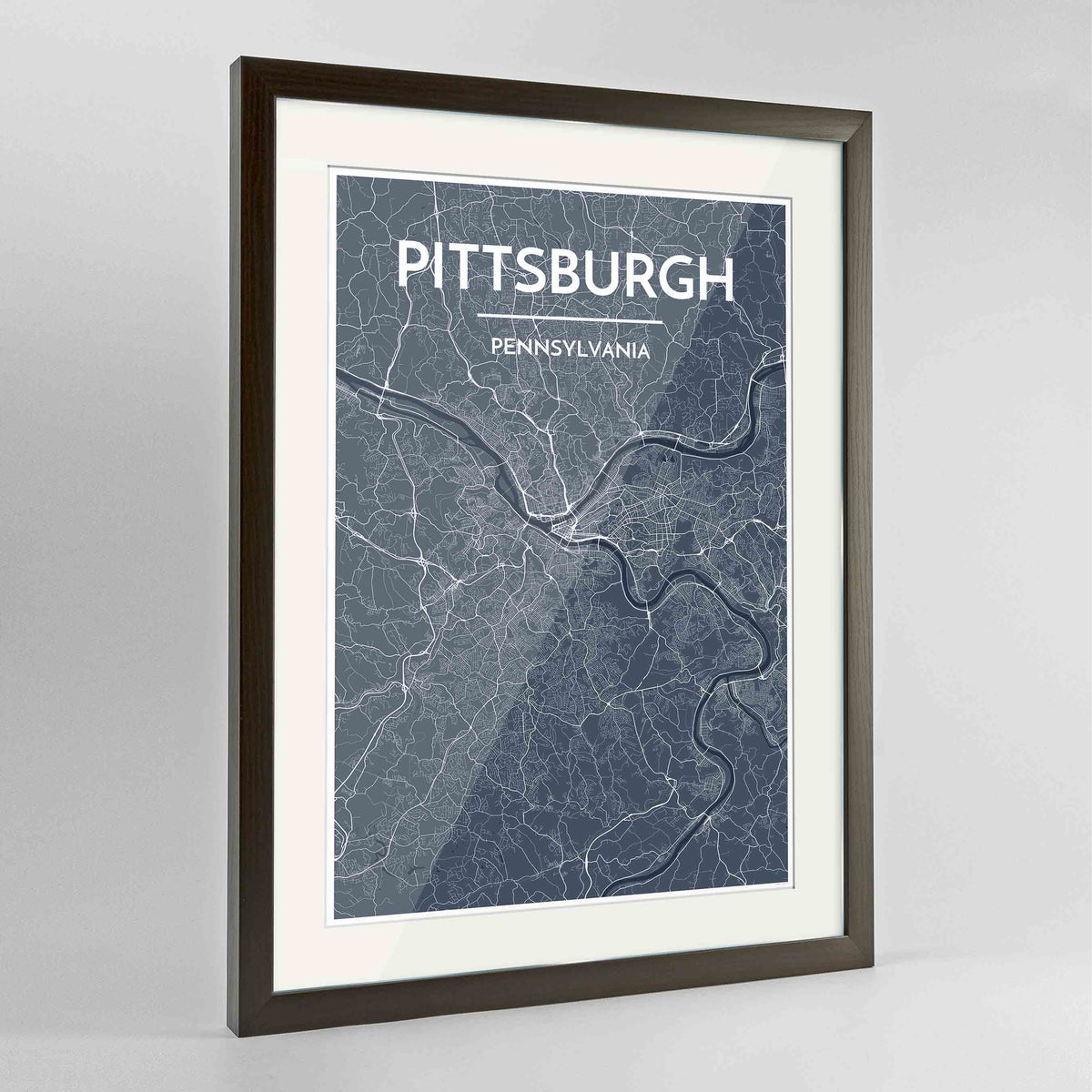 Framed Pittsburgh Map Art Print 24x36&quot; Contemporary Walnut frame Point Two Design Group