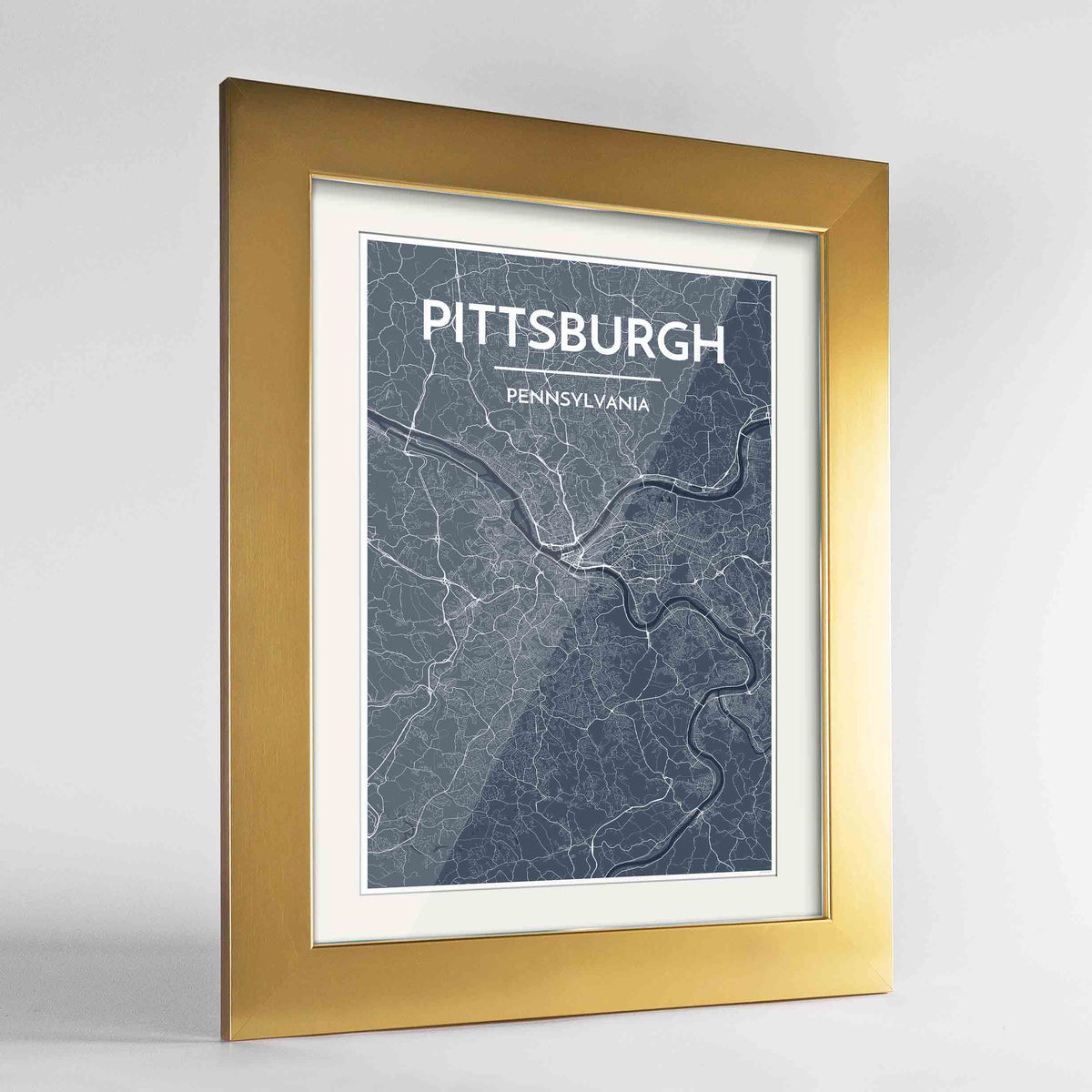 Framed Pittsburgh Map Art Print 24x36&quot; Gold frame Point Two Design Group