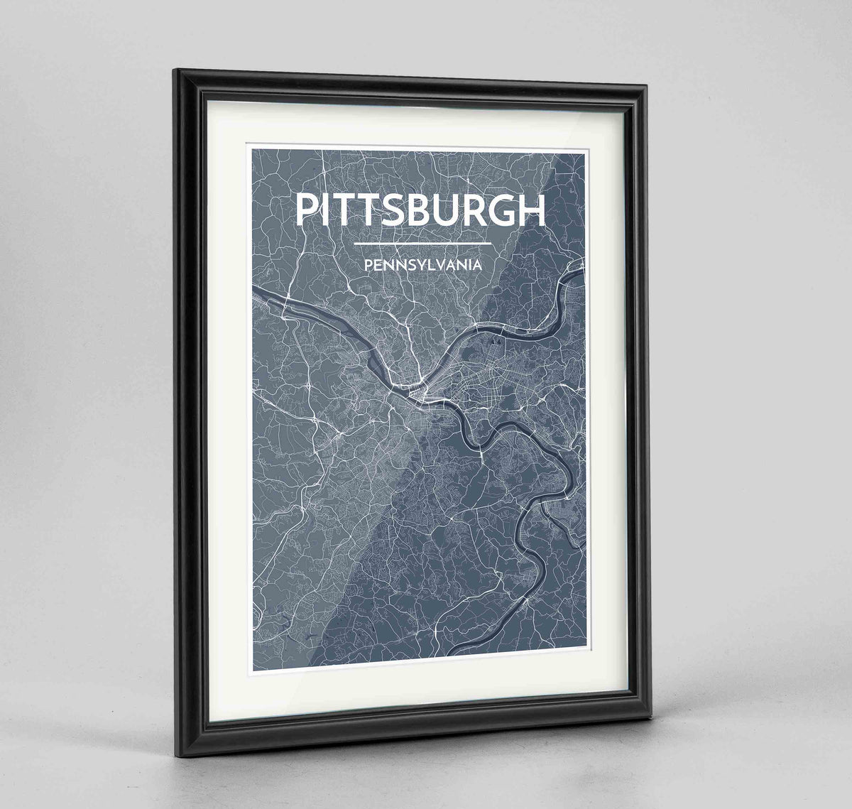 Framed Pittsburgh Map Art Print 24x36&quot; Traditional Black frame Point Two Design Group