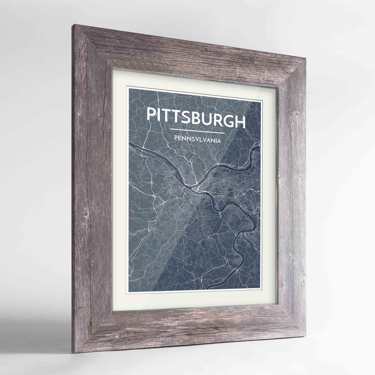 Framed Pittsburgh Map Art Print 24x36&quot; Western Grey frame Point Two Design Group