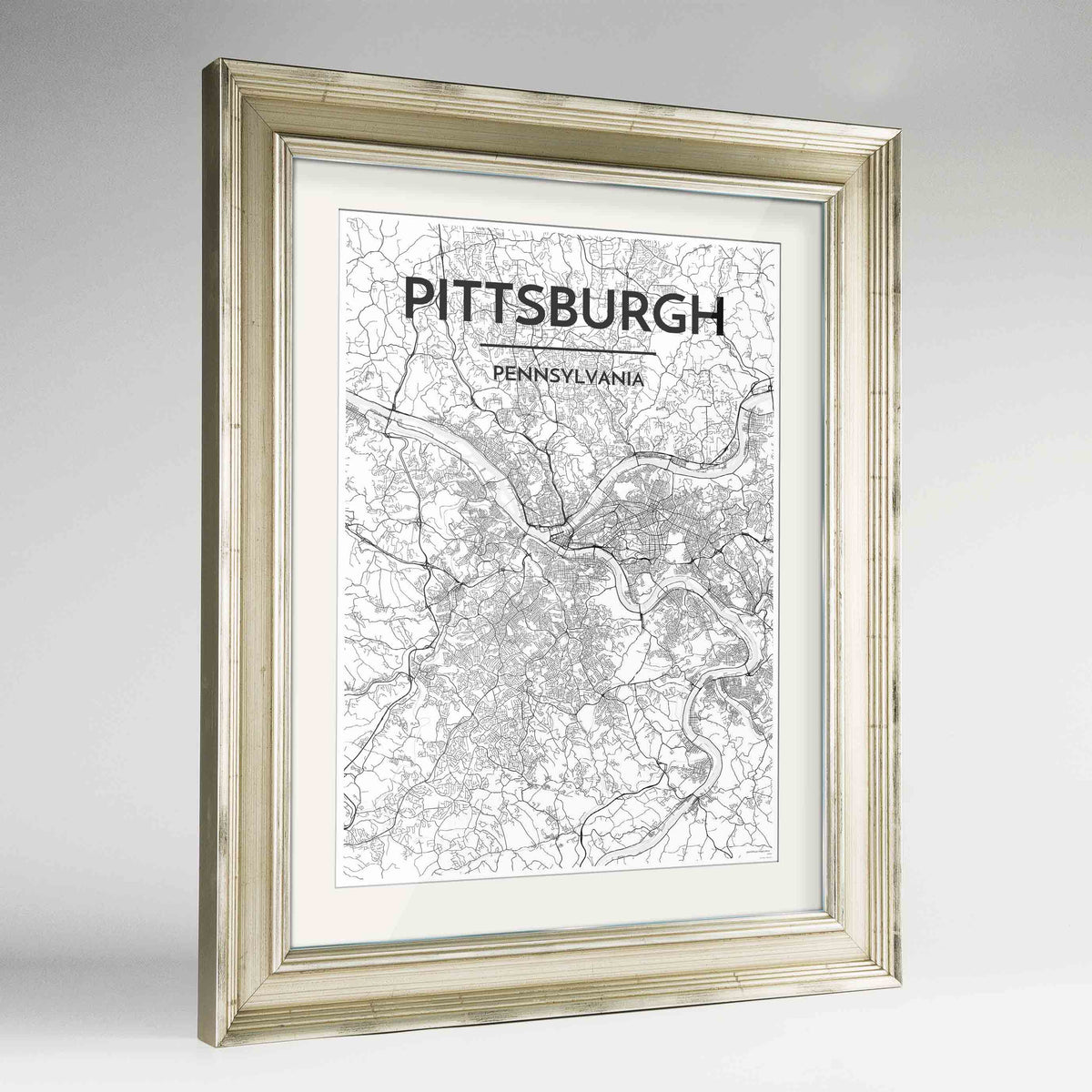 Framed Pittsburgh Map Art Print 24x36&quot; Champagne frame Point Two Design Group