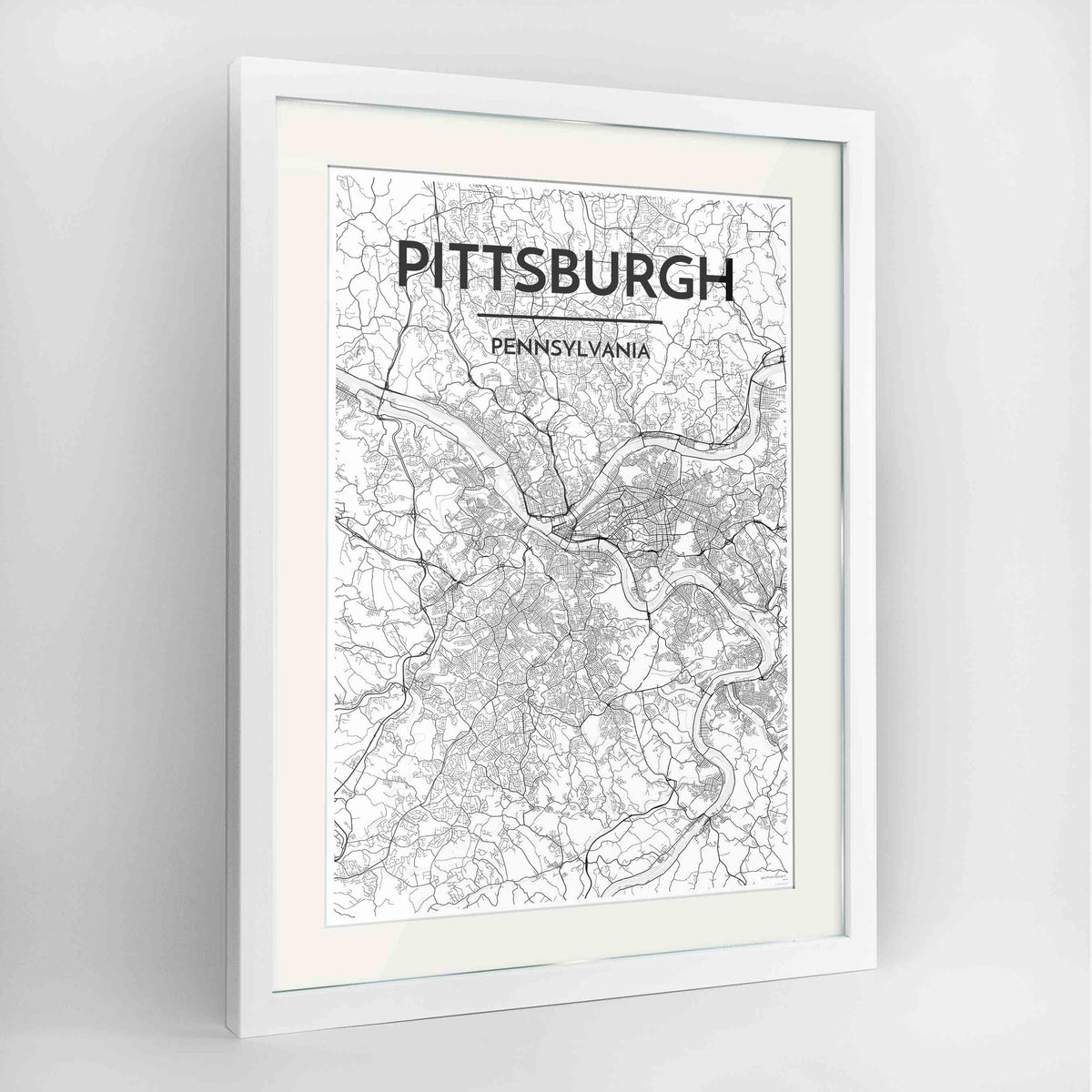 Framed Pittsburgh Map Art Print 24x36&quot; Contemporary White frame Point Two Design Group