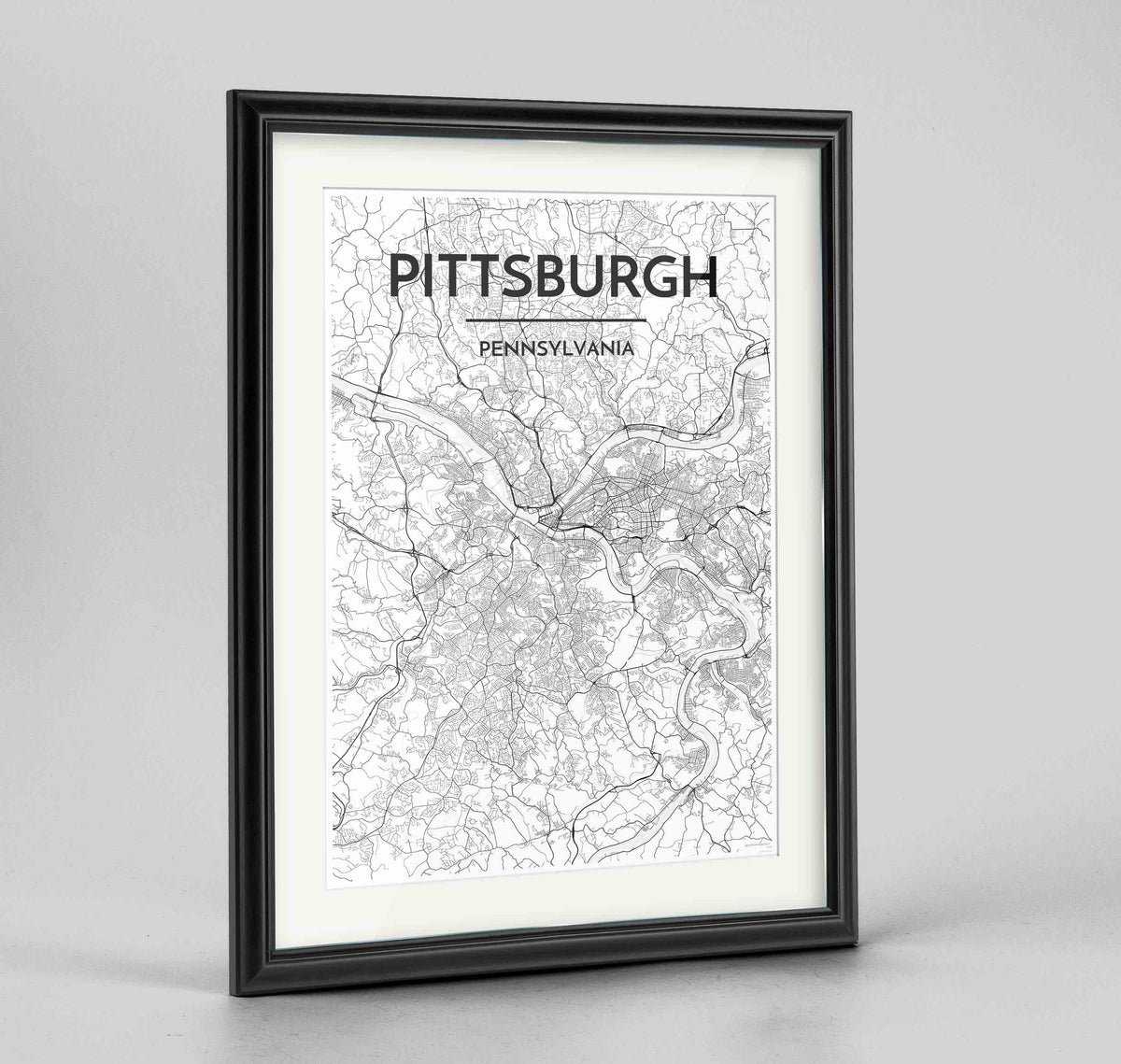 Framed Pittsburgh Map Art Print 24x36&quot; Traditional Black frame Point Two Design Group