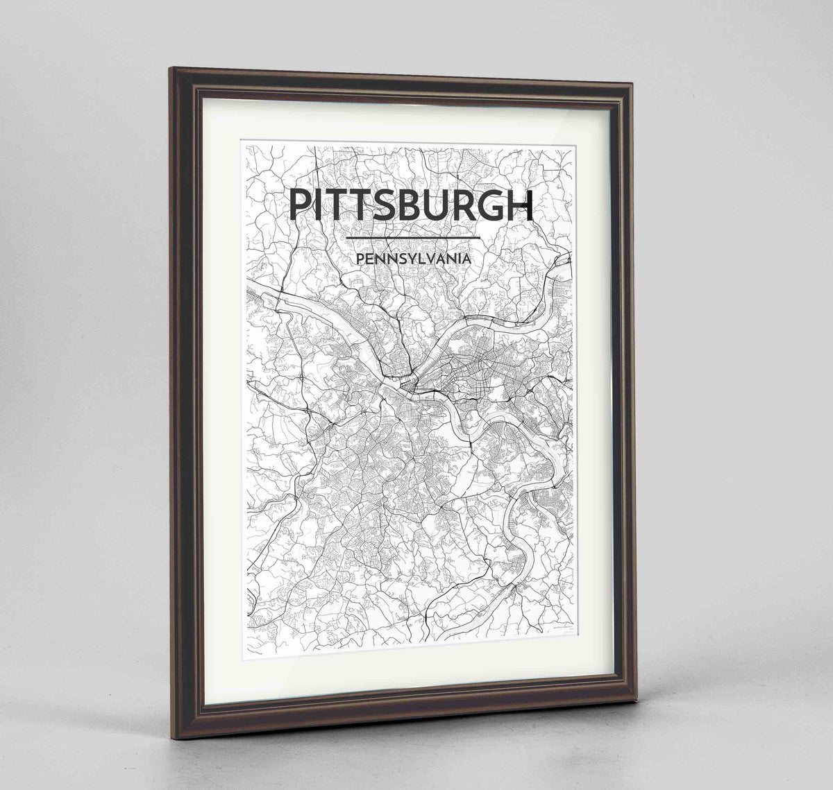 Framed Pittsburgh Map Art Print 24x36&quot; Traditional Walnut frame Point Two Design Group