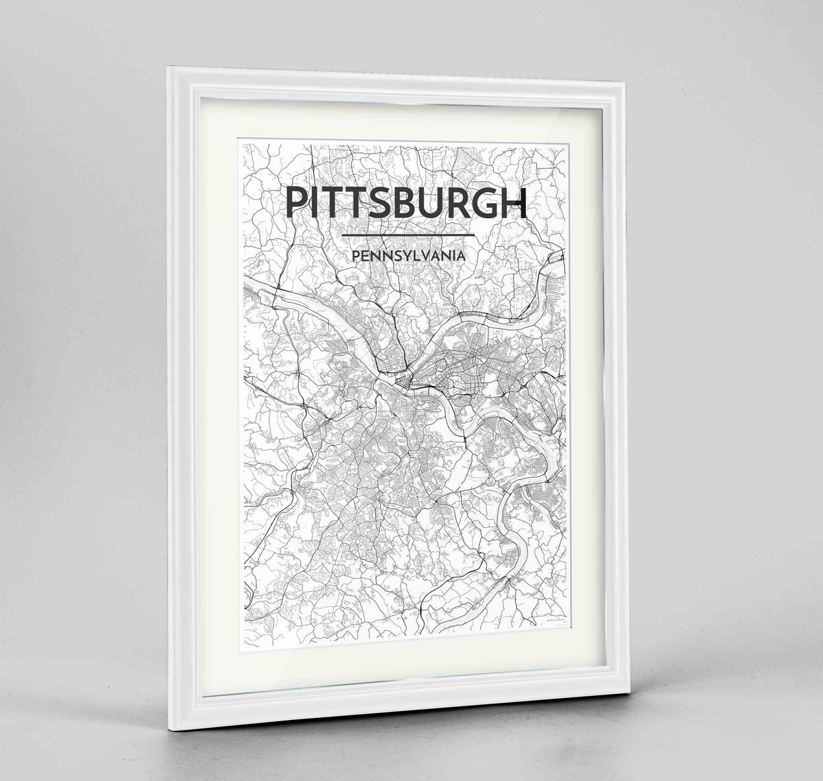 Framed Pittsburgh Map Art Print 24x36&quot; Traditional White frame Point Two Design Group