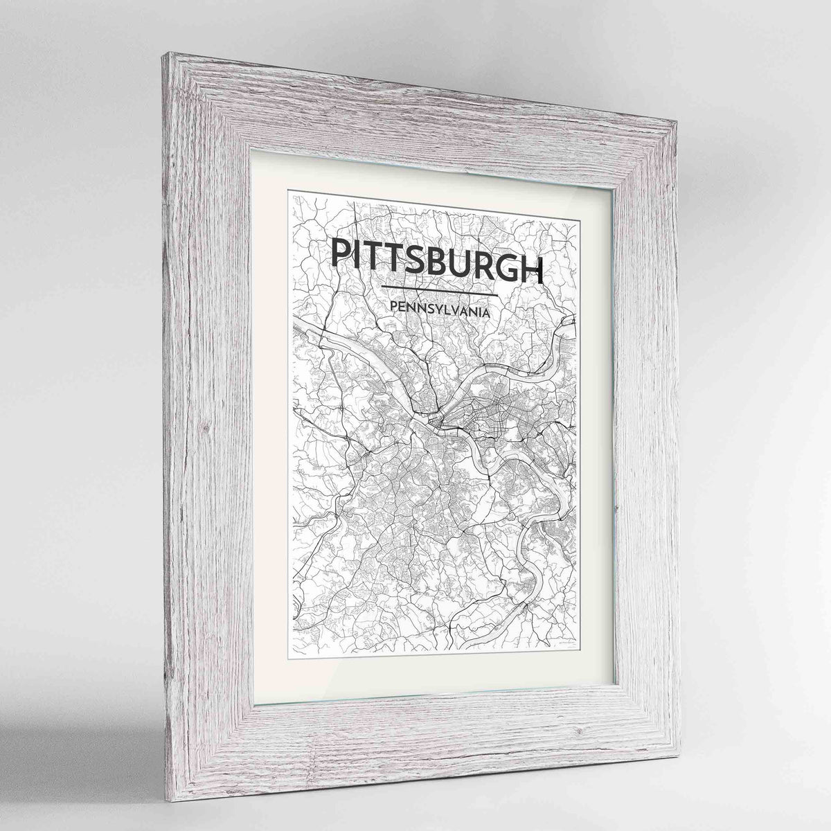 Framed Pittsburgh Map Art Print 24x36&quot; Western White frame Point Two Design Group