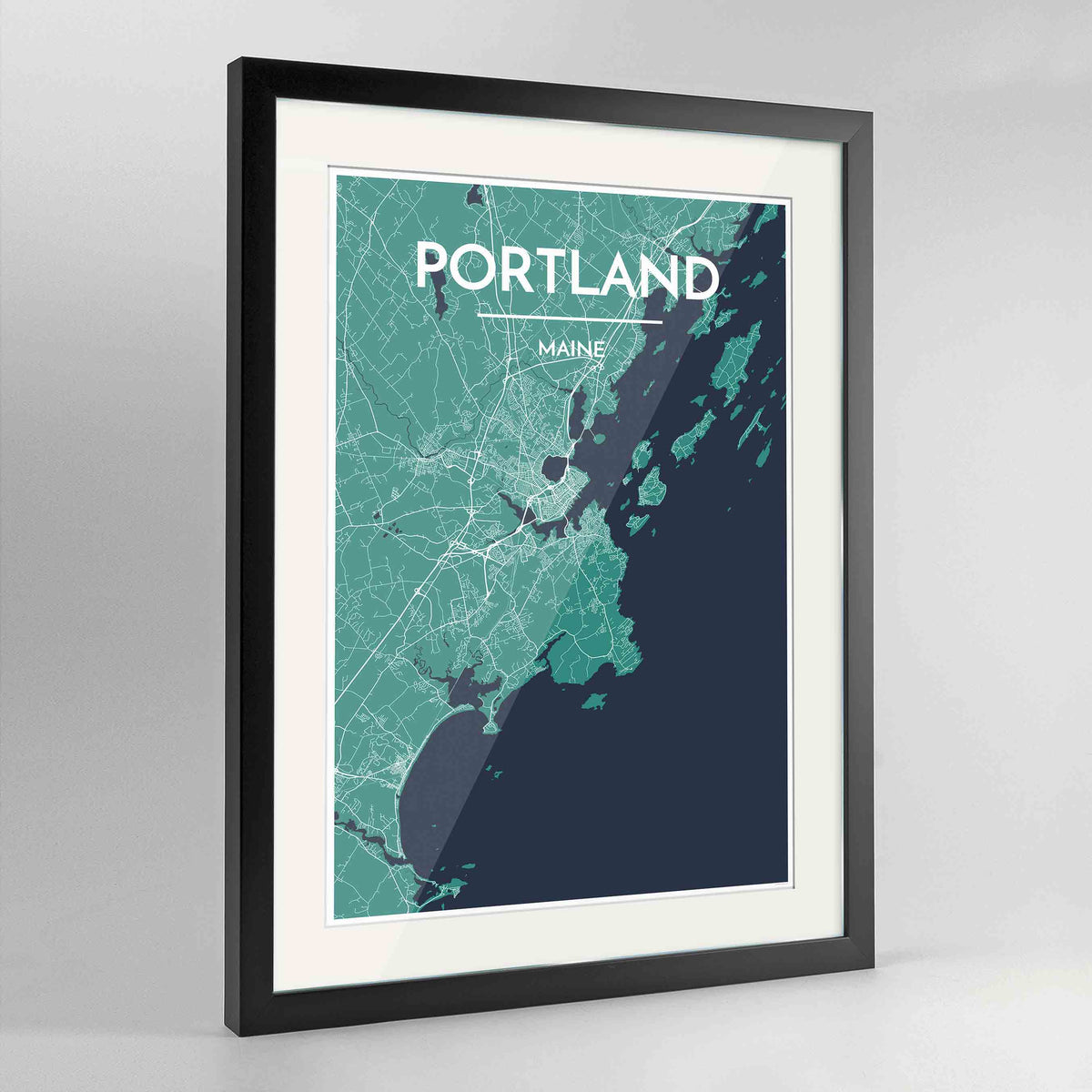 Framed Portland - Maine Map Art Print 24x36&quot; Contemporary Black frame Point Two Design Group