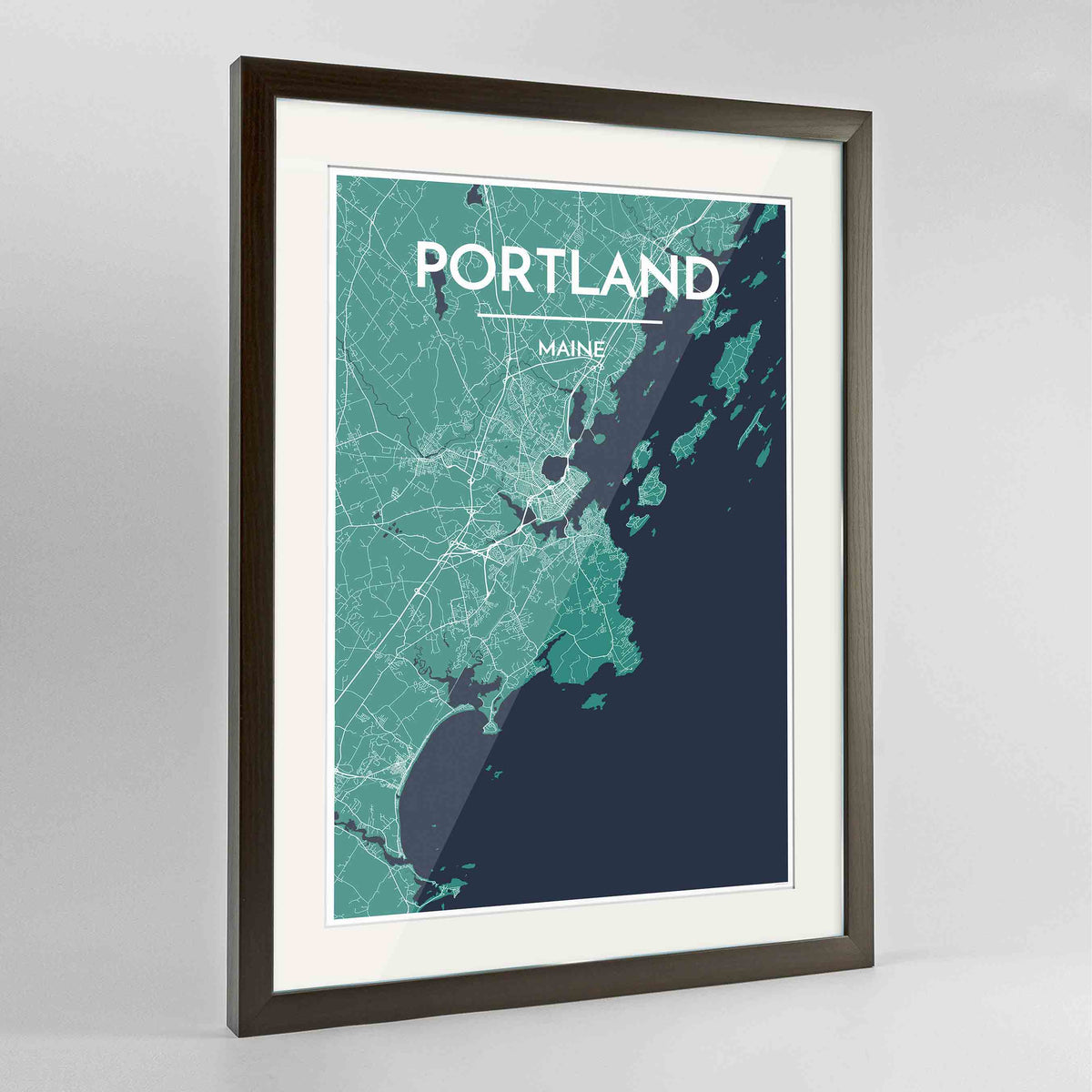 Framed Portland - Maine Map Art Print 24x36&quot; Contemporary Walnut frame Point Two Design Group