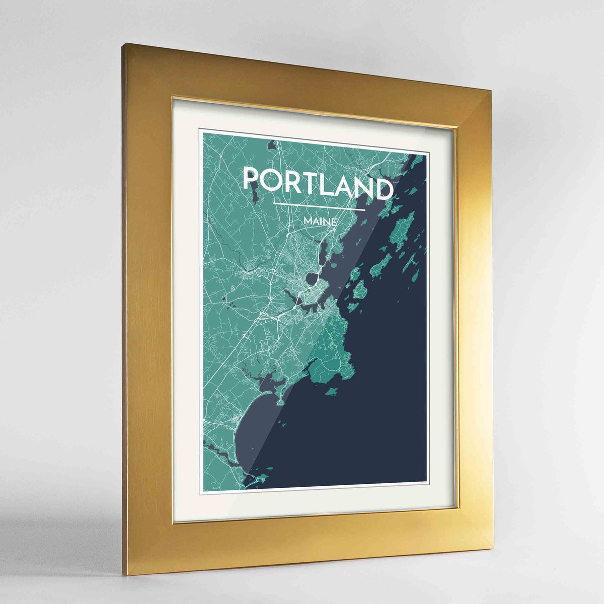 Framed Portland - Maine Map Art Print 24x36&quot; Gold frame Point Two Design Group