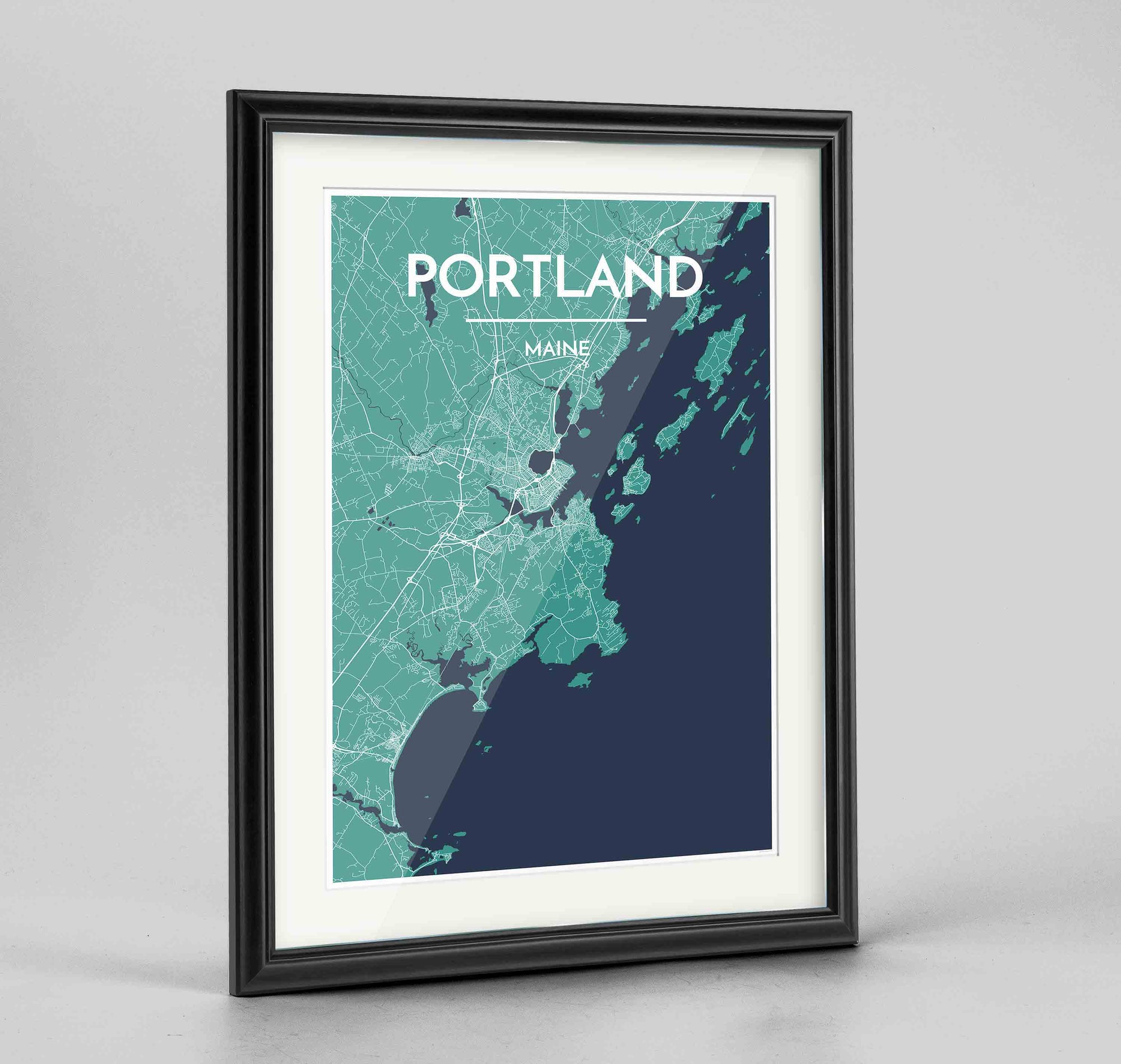 Framed Portland - Maine Map Art Print 24x36" Traditional Black frame Point Two Design Group