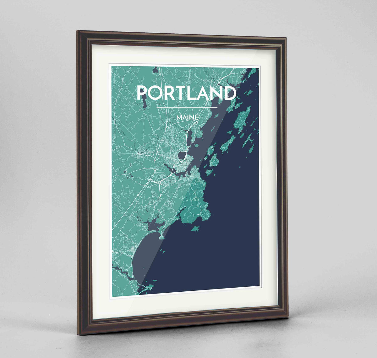 Framed Portland - Maine Map Art Print 24x36&quot; Traditional Walnut frame Point Two Design Group