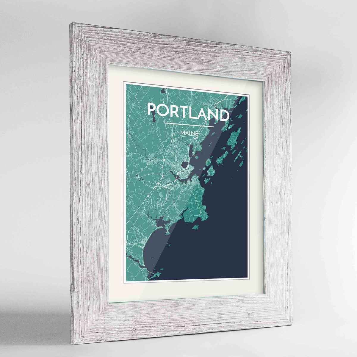 Framed Portland - Maine Map Art Print 24x36&quot; Western White frame Point Two Design Group