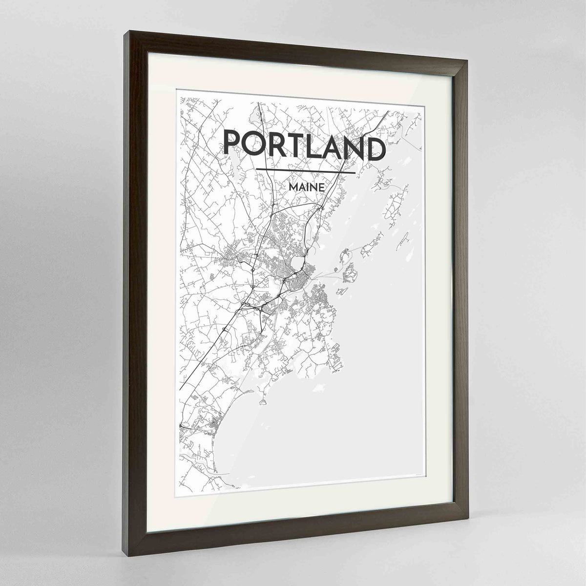 Framed Portland - Maine Map Art Print 24x36&quot; Contemporary Walnut frame Point Two Design Group